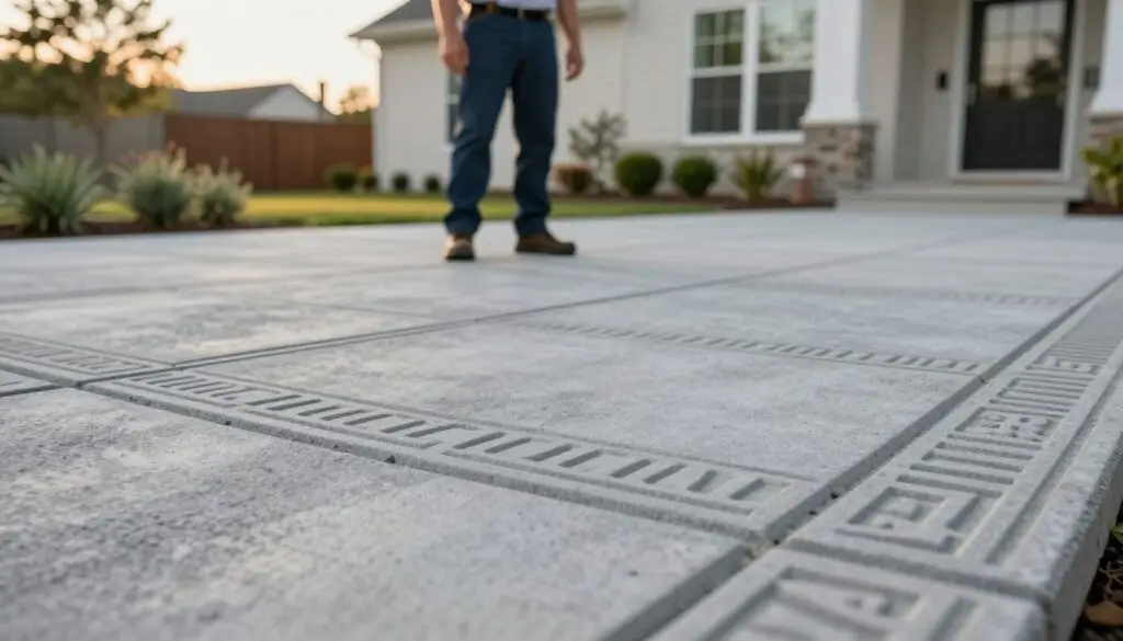 A close-up of a beautifully stamped concrete patio, exhibiting intricate patterns and textures that highlight its durability. In the foreground, showcase a sharp, detailed view of the concrete's surface, demonstrating its robust finish and impeccable craftsmanship. In the middle ground, depict a professional contractor in neat business attire, inspecting the patio, symbolizing reliability and quality service. The background should feature a well-maintained garden and the exterior of a modern Knoxville home, bathed in warm afternoon light to create an inviting atmosphere. Use a shallow depth of field to keep the focus on the stamped concrete while still showing the supportive environment. The overall mood should convey strength, trust, and professionalism.