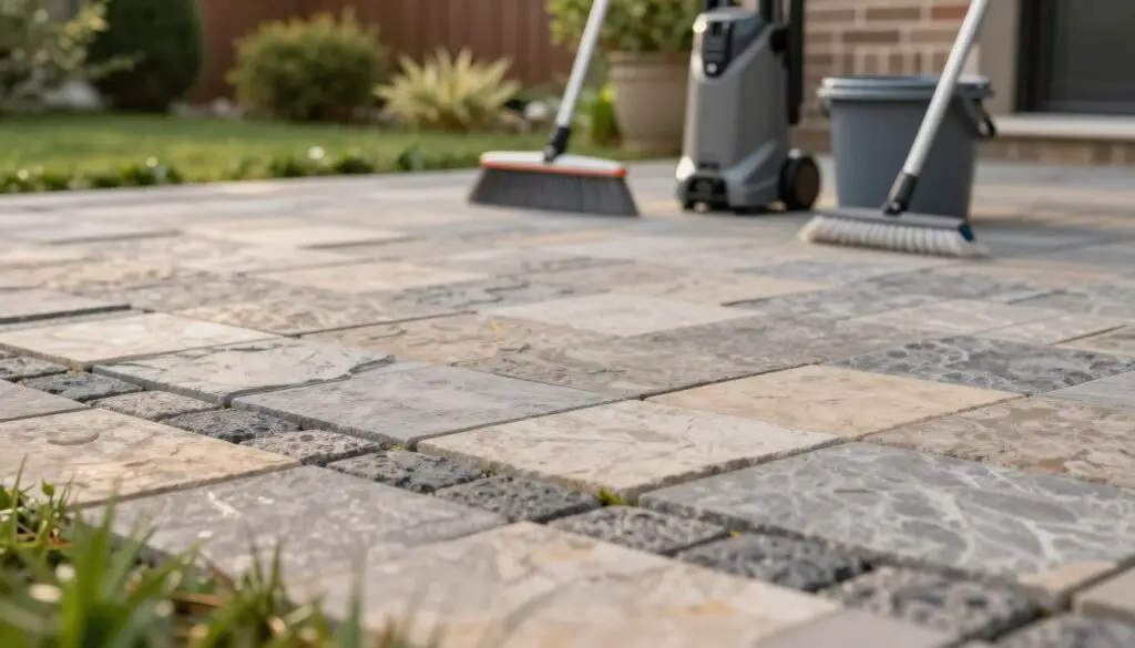 A close-up view of a beautifully arranged paver patio, showcasing various shades of stone in a geometric pattern. In the foreground, highlight the texture of the pavers, with some small plants or grass peeking between them, showing a natural, inviting look. The middle ground should capture an assortment of cleaning tools, including a broom, a pressure washer, and a bucket, arranged neatly to suggest an organized cleaning process. In the background, a well-maintained garden or landscaping complements the setting, adding a touch of greenery. Soft, warm lighting bathes the scene in a gentle glow, suggesting a peaceful afternoon. The focus is sharp, emphasizing the details of the pavers and tools, creating an atmosphere that is both professional and welcoming.