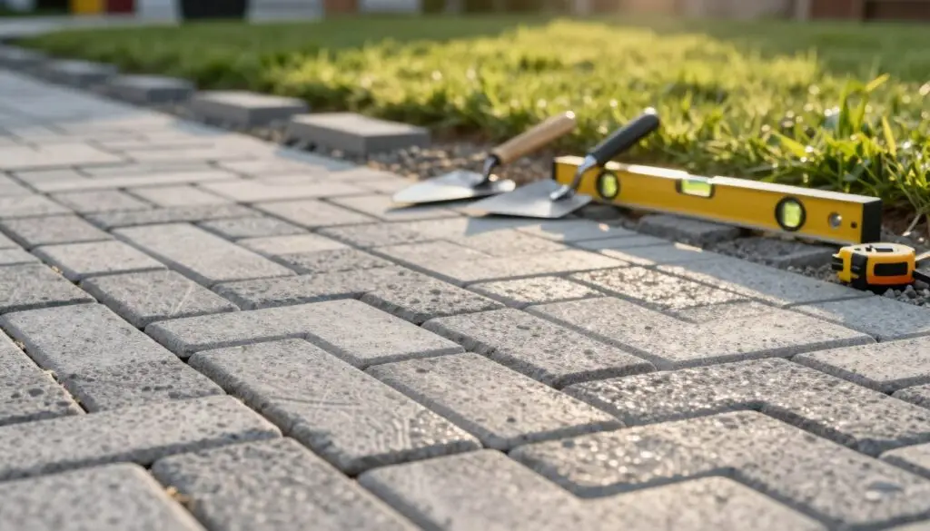 A close-up view of a well-laid concrete pavers pathway, showcasing various sizes and patterns of the stones arranged neatly. The foreground features textural details of the pavers, highlighting their grittiness and the slight reflections of sunlight on their surfaces. In the middle ground, tools like a trowel, level, and measuring tape are arranged meticulously beside a partially constructed walkway, emphasizing preparation for paving. The background consists of a vibrant green lawn with a soft-focus effect, creating a serene atmosphere. The lighting is warm and natural, simulating an early morning ambiance, capturing the essence of productive outdoor work. The image should evoke a sense of professionalism and careful planning, suitable for a construction context.