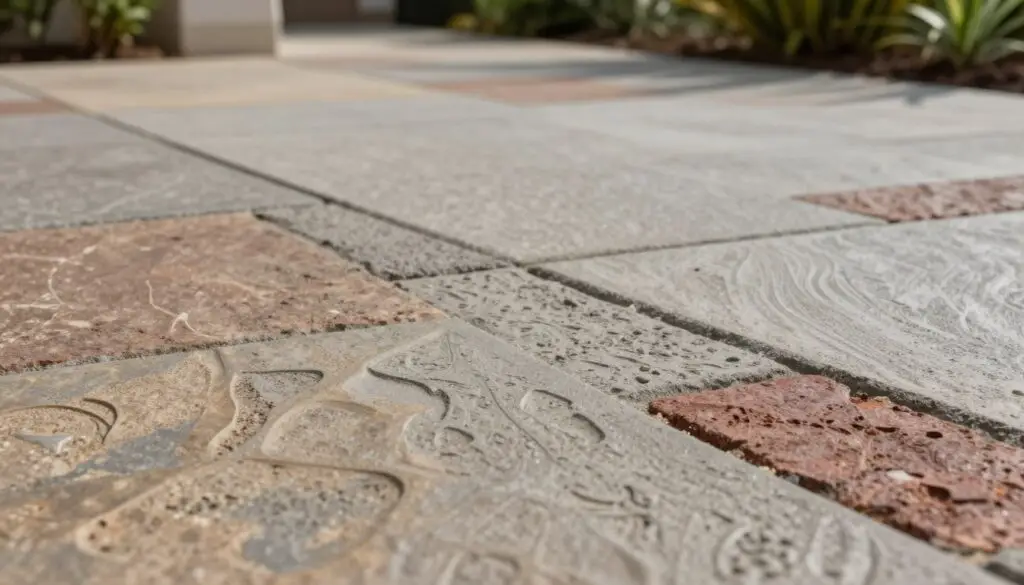 A close-up view of beautifully stamped concrete featuring a variety of textures and patterns, showcasing earthy tones like warm grays, muted browns, and hints of deep reds. The foreground captures intricate designs resembling natural stone, with subtle variations that evoke a rustic charm. In the middle ground, a smooth, polished surface extends seamlessly, emphasizing the versatility of stamped concrete. Soft, natural lighting highlights the textures, creating gentle shadows that enhance the details. In the background, blurred greenery subtly frames the scene, suggesting a residential setting that complements the stamped concrete. The overall atmosphere is inviting and professional, conveying a sense of quality and craftsmanship essential for elevated property design.