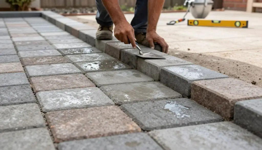 A detailed close-up view of an expertly laid concrete paver pathway that showcases various textures and colors of the pavers. In the foreground, place a series of neatly arranged pavers with a light sheen from recent rain, revealing subtle hues of gray and earthy tones. The middle ground features a craftsman in professional attire, using a trowel to smooth the edges of a paver, symbolizing skill and precision. In the background, include a partially completed patio area with tools like a level and a mixer, under soft, natural daylight that casts gentle shadows, creating a warm and inviting atmosphere. The scene should evoke a sense of professionalism and craftsmanship in concrete paving.