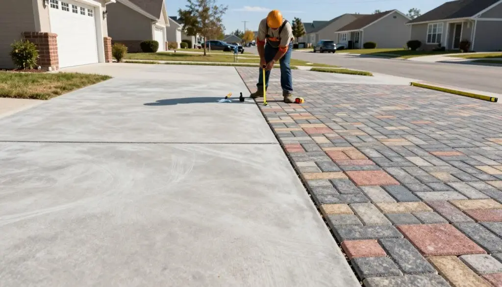 A detailed comparison scene between a concrete driveway and a paver driveway. In the foreground, showcase the texture of both surfaces: smooth, grey concrete contrasting with colorful, patterned pavers. In the middle ground, depict a construction worker in professional attire measuring the two driveways with a tape measure, surrounded by tools like a trowel and a level. The background features a suburban neighborhood with a clear blue sky, enhancing the contrasts between the two styles. Use natural sunlight to create sharp shadows and highlights, emphasizing the textures and colors of the materials. Aim for a balanced, informative atmosphere that illustrates cost considerations, ideal for a comparative analysis.