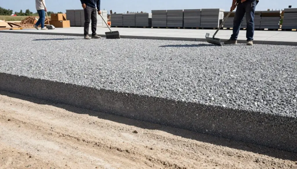 A detailed view of a freshly prepared paver base at a construction site, showcasing layers of compacted gravel and sand. In the foreground, smooth, evenly distributed crushed stone forms the base layer, glistening slightly in the sunlight. The middle ground reveals workers in modest casual clothing, using tools like rakes and compactors, meticulously leveling the surface. In the background, you can see stacks of concrete pavers ready to be installed, set against a backdrop of a clear blue sky. Soft, natural lighting casts gentle shadows, adding depth to the texture of the gravel and sand. The overall atmosphere conveys a sense of diligence and precision, essential for achieving a long-lasting foundation for pavers.