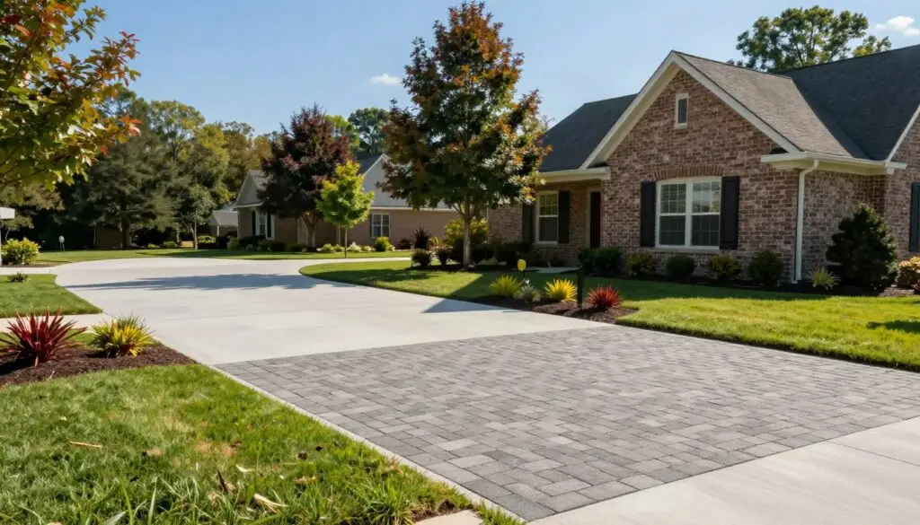 A picturesque driveway in Knoxville will serve as the focal point, showcasing a side-by-side comparison of a smooth, modern concrete driveway on one side and an elegant, expertly laid paver driveway on the other. In the foreground, vibrant green grass frames the driveways, while decorative plants add a touch of color. The middle ground features a clear blue sky, casting warm sunlight that creates soft shadows on the surfaces. A subtle rustic brick home can be glimpsed in the background, adding a sense of local charm. Shot at a slight angle, the image captures the textures of both materials, emphasizing their unique finishes. The atmosphere feels inviting and peaceful, encouraging viewers to consider the perfect driveway choice for their own Knoxville home.