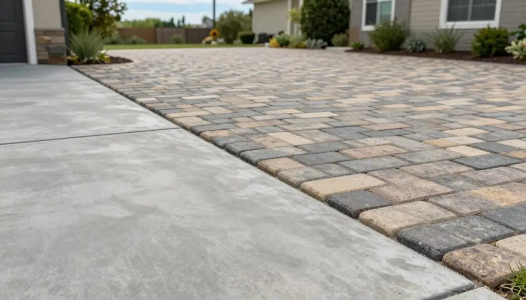 A side-by-side comparison of concrete and paver surfaces in a residential setting. In the foreground, showcase a smooth, gray concrete driveway, with subtle texture and reflective properties highlighted under soft, natural lighting. In the middle, illustrate a well-designed paver section featuring interlocking bricks in varied earth tones, arranged neatly in a herringbone pattern, emphasizing texture and complexity. In the background, include lush greenery and a clear blue sky, creating a serene and inviting atmosphere. Use a slightly elevated angle to capture the details of both surfaces, showcasing their construction styles and individual characteristics. The focus should be on clarity and professionalism, inviting an informative exploration of driveway options.