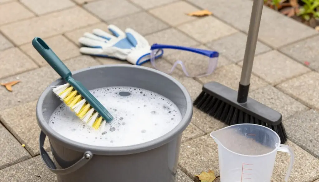 A well-organized workspace featuring essential cleaning tools and materials for maintaining a paver patio. In the foreground, display a sturdy plastic bucket filled with soapy water, a soft-bristled brush for scrubbing, a stiff-bristled broom, and a measuring cup for mixing cleaning solutions. In the middle ground, include a pair of protective gloves and safety goggles, highlighting the importance of safety gear. The background can show a neatly arranged outdoor setting with a paver patio and a few scattered leaves, hinting at the cleaning task. Soft natural lighting creates a warm atmosphere, emphasizing cleanliness and readiness. The scene is captured from an overhead angle, giving a clear view of all tools and materials, creating a professional yet inviting look.