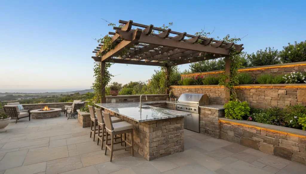 Outdoor kitchen built on retaining wall terrace