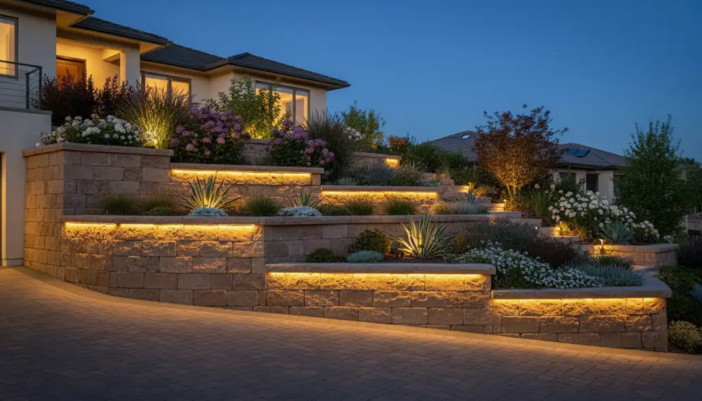 Retaining wall with integrated landscape lighting and plantings