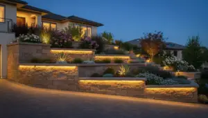 Retaining wall with integrated landscape lighting and plantings