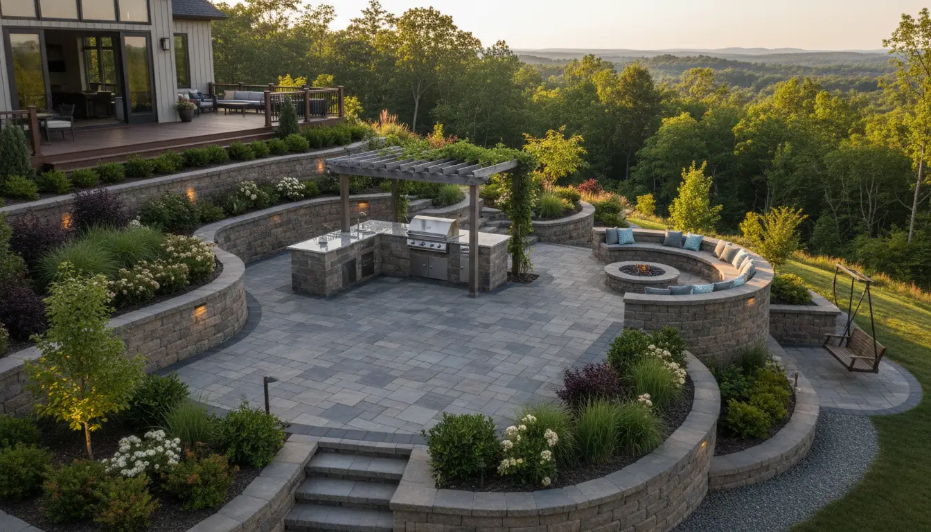 Retaining wall with outdoor kitchen and fire pit