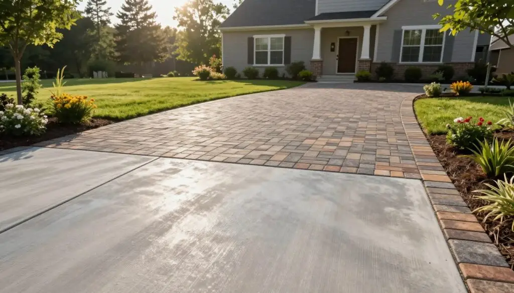 A beautifully landscaped driveway showcasing a choice between concrete and paver surfaces. In the foreground, a freshly poured smooth concrete driveway glimmers under a bright, sunny sky, with subtle textures reflecting the sunlight. Next to it, elegant, interlocking pavers create a welcoming path, exhibiting a rich variety of earth tones that blend harmoniously with surrounding greenery. In the middle ground, a well-maintained lawn with flowering shrubs frames the driveway, enhancing the aesthetic appeal. In the background, a charming suburban house with a contemporary design adds context to the scene. The lighting is warm and inviting, casting soft shadows, and the perspective captures the driveway from a slight elevation, giving depth to the image and highlighting the surface choices for potential homeowners in Knoxville, TN. A beautifully landscaped driveway showcasing a choice between concrete and paver surfaces. In the foreground, a freshly poured smooth concrete driveway glimmers under a bright, sunny sky, with subtle textures reflecting the sunlight. Next to it, elegant, interlocking pavers create a welcoming path, exhibiting a rich variety of earth tones that blend harmoniously with surrounding greenery. In the middle ground, a well-maintained lawn with flowering shrubs frames the driveway, enhancing the aesthetic appeal. In the background, a charming suburban house with a contemporary design adds context to the scene. The lighting is warm and inviting, casting soft shadows, and the perspective captures the driveway from a slight elevation, giving depth to the image and highlighting the surface choices for potential homeowners in Knoxville, TN.