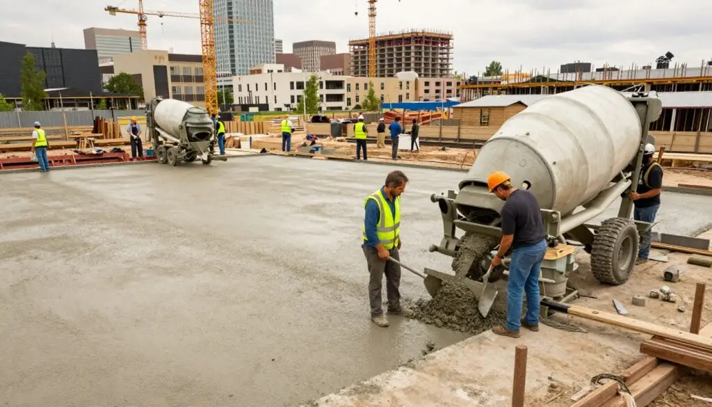 A bustling construction site showcasing commercial concrete services. In the foreground, workers wearing professional business attire and safety gear operate machinery like concrete mixers and trowels, focusing on pouring and finishing concrete. The middle section features large concrete slabs and freshly poured foundations, highlighting the precision and craftsmanship involved. In the background, a cityscape of Knoxville, TN, can be seen with cranes and buildings under development, capturing the essence of urban construction. Soft, natural lighting enhances the productivity atmosphere and provides a warm yet professional mood. The angle is slightly elevated, offering a comprehensive view of the site while focusing on the action and the quality of work in progress. A bustling construction site showcasing commercial concrete services. In the foreground, workers wearing professional business attire and safety gear operate machinery like concrete mixers and trowels, focusing on pouring and finishing concrete. The middle section features large concrete slabs and freshly poured foundations, highlighting the precision and craftsmanship involved. In the background, a cityscape of Knoxville, TN, can be seen with cranes and buildings under development, capturing the essence of urban construction. Soft, natural lighting enhances the productivity atmosphere and provides a warm yet professional mood. The angle is slightly elevated, offering a comprehensive view of the site while focusing on the action and the quality of work in progress.