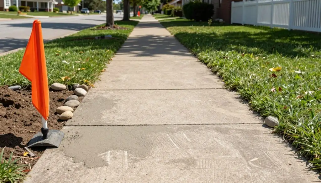 A concrete sidewalk stretches down a sunny suburban street. In the foreground, the rough texture of newly poured cement reveals the marks of the trowel, glistening slightly under the bright daylight. To the left, a utility marking flag stands firmly in the dirt, brightly colored to ensure safety before digging. The middle ground features a few small, neatly arranged stones bordering the sidewalk, creating an inviting aesthetic. In the background, a well-kept lawn and a white picket fence frame the scene, with trees casting playful shadows along the edge of the sidewalk. The atmosphere is calm and diligent, indicating a focus on safety procedures. The lighting is natural and warm, creating a clear, inviting depiction. Capture this from a slightly elevated angle to emphasize both the sidewalk and the safety markers in the foreground.