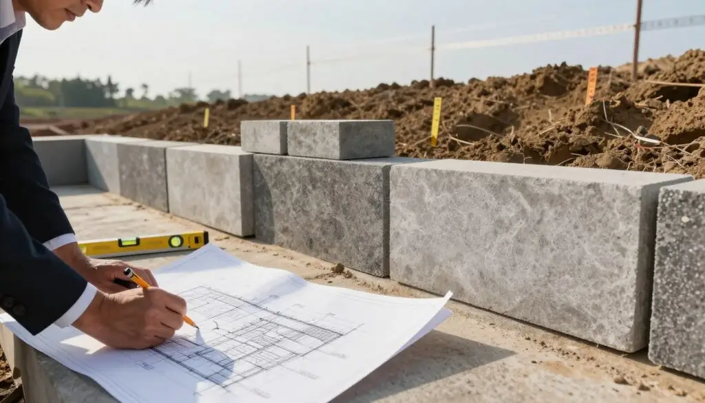 A serene outdoor setting featuring a detailed blueprint of a retaining wall, prominently displayed in the foreground. To the left, a planner dressed in professional attire is examining the design, equipped with tools like a pencil and a level. In the middle ground, various retaining wall blocks are neatly arranged, showcasing different styles and textures. The background reveals a well-prepared construction site, with freshly dug earth, stakes marking measurements, and a clear sky. Soft, natural lighting illuminates the scene, casting gentle shadows. The angle captures a balanced view, inviting viewers to contemplate the essential steps before beginning construction. The overall atmosphere should convey a sense of readiness and meticulous planning.