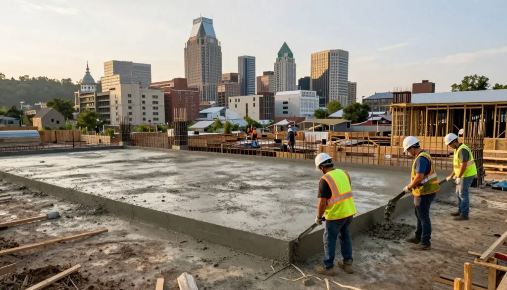 A skilled contractor overseeing a bustling commercial construction site in Knoxville, TN. In the foreground, a team of professionals in safety gear, including hard hats and reflective vests, diligently pouring concrete into forms. The middle of the image showcases the framework of a newly constructed building, highlighting the texture and depth of freshly laid concrete. In the background, Knoxville's skyline features recognizable structures, blending urban architecture with the natural beauty of the Tennessee landscape. The scene is illuminated with soft golden hour sunlight, casting a warm, inviting glow, emphasizing the reliability and professionalism of Anchored Construction. The overall atmosphere conveys trustworthiness, expertise, and a commitment to quality in commercial concrete solutions. A skilled contractor overseeing a bustling commercial construction site in Knoxville, TN. In the foreground, a team of professionals in safety gear, including hard hats and reflective vests, diligently pouring concrete into forms. The middle of the image showcases the framework of a newly constructed building, highlighting the texture and depth of freshly laid concrete. In the background, Knoxville's skyline features recognizable structures, blending urban architecture with the natural beauty of the Tennessee landscape. The scene is illuminated with soft golden hour sunlight, casting a warm, inviting glow, emphasizing the reliability and professionalism of Anchored Construction. The overall atmosphere conveys trustworthiness, expertise, and a commitment to quality in commercial concrete solutions.