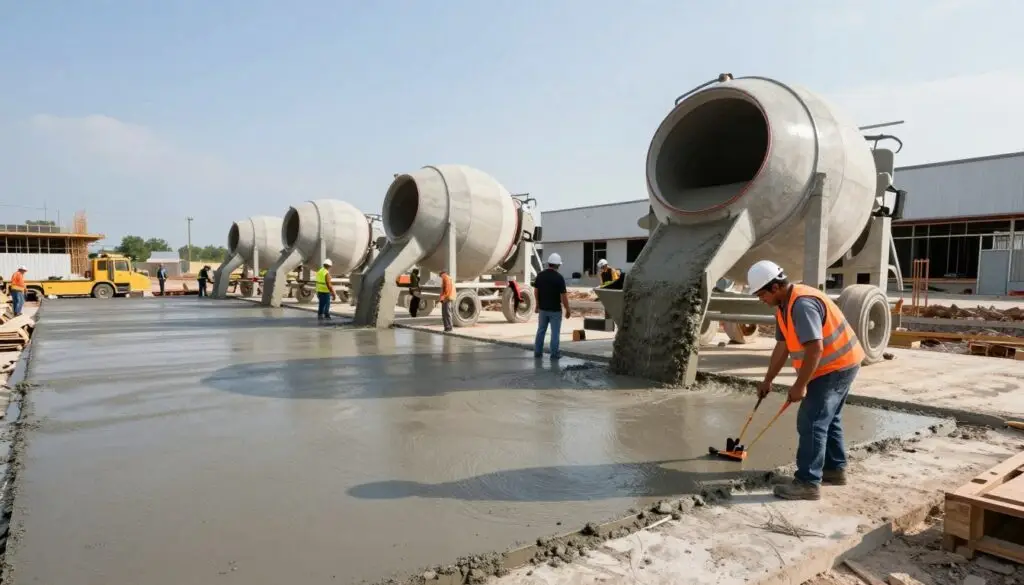 A sleek and modern commercial concrete construction site in Knoxville, TN, showcasing expertly poured concrete slabs and foundations. The foreground features a worker in professional attire, inspecting the quality of the concrete, with precision tools at hand. In the middle ground, several large concrete mixers are actively pouring their contents, while a team of skilled laborers collaborates to lay the concrete evenly. The background displays a partially constructed commercial building, framed against a clear blue sky with soft, natural lighting illuminating the scene. Capture the vibrant energy of the worksite while conveying a sense of professionalism and quality craftsmanship. Use a wide-angle lens to emphasize depth and perspective, ensuring the atmosphere feels dynamic yet organized. A sleek and modern commercial concrete construction site in Knoxville, TN, showcasing expertly poured concrete slabs and foundations. The foreground features a worker in professional attire, inspecting the quality of the concrete, with precision tools at hand. In the middle ground, several large concrete mixers are actively pouring their contents, while a team of skilled laborers collaborates to lay the concrete evenly. The background displays a partially constructed commercial building, framed against a clear blue sky with soft, natural lighting illuminating the scene. Capture the vibrant energy of the worksite while conveying a sense of professionalism and quality craftsmanship. Use a wide-angle lens to emphasize depth and perspective, ensuring the atmosphere feels dynamic yet organized.