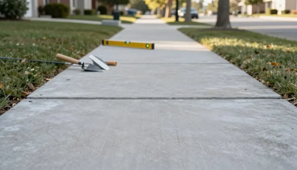 A well-constructed concrete sidewalk stretching into the distance, showcasing a smooth, finished surface with subtle texture variations that catch the light. In the foreground, a small section of the sidewalk is highlighted, with attention to detail on the edges and joints that demonstrate anchored construction techniques. In the middle ground, tools like a trowel and level are thoughtfully arranged, suggesting an active worksite atmosphere. The background features a residential area with neat lawns and trees providing a serene contrast to the industrial materials. Soft, natural daylight filters through the trees, creating gentle shadows and imbuing the scene with a warm, inviting feel. The image captures the essence of craftsmanship in sidewalk creation, emphasizing durability and quality. - concrete sidewalk ideas