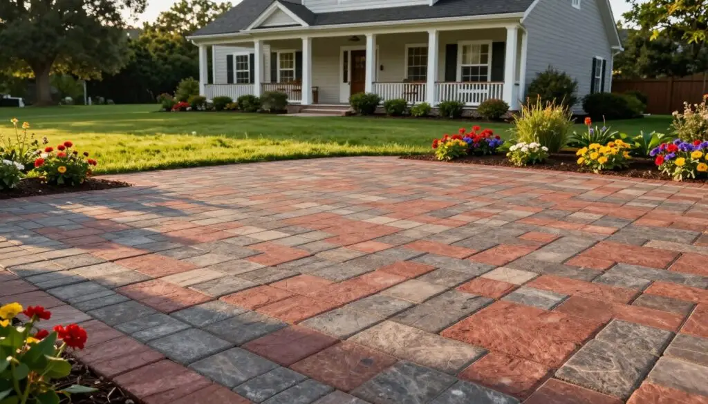A beautiful scene showcasing a newly installed paver patio in Knoxville, TN, emphasizing the various styles and materials used for outdoor landscaping. In the foreground, a richly textured paver patio is laid out in an intricate pattern, featuring warm earth tones of red, gray, and brown stones. In the middle ground, a lush green lawn frames the patio, complemented by blooming flower beds filled with vibrant colors. In the background, a charming Southern-style home with a light-colored facade provides a stunning backdrop. The late afternoon sunlight casts warm, golden tones across the patio, highlighting the textures of the pavers. Capture the overall mood of serenity and elegance in this inviting outdoor space, suggesting high-quality and attractive home improvements. Use a slightly elevated angle to provide a clear view of the patio's layout and its integration with the surrounding landscape.