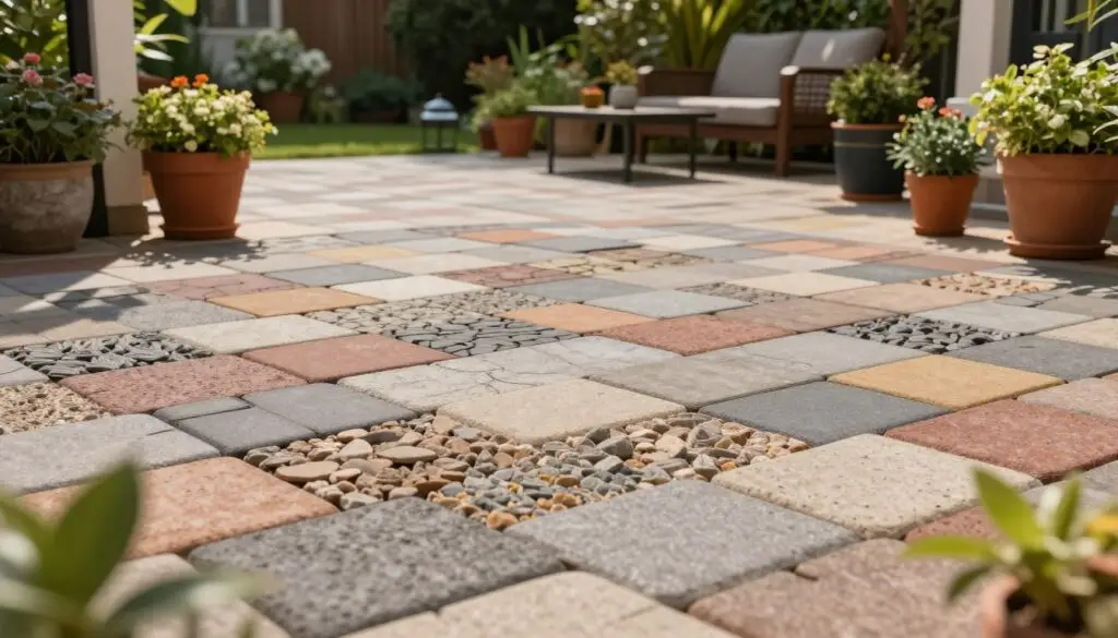 A detailed and vibrant paver patio scene, showcasing a variety of paver styles and materials meticulously arranged in a beautiful pattern. In the foreground, focus on a close-up of different paver textures, including smooth, rough, and interlocking designs, with shadows highlighting their depth. The middle ground features a well-kept patio area adorned with potted plants, outdoor furniture, and decorative elements that reflect a cozy atmosphere. In the background, a lush garden enhances the setting, with soft, natural lighting creating a warm, inviting mood. Capture this image from a slightly elevated angle to provide an overview of the patio layout, ensuring the colors are rich and the overall composition invites viewers to envision the possibilities of a paver patio.