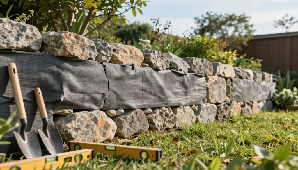 A detailed retaining wall built from interlocking stones and reinforced with landscape fabric, set in a lush green garden. In the foreground, display tools such as a trowel and a level, suggesting a recent repair effort. The middle ground features the professionally constructed wall with visible elements of minor issues, like small cracks and slight leaning, to highlight the focus on repairs. In the background, a tranquil setting with trees and a blue sky, gently illuminated by soft, natural sunlight creating a warm, inviting atmosphere. Capture a slight low-angle perspective to emphasize the wall's height and strength while maintaining a clear, unobstructed view of the structural elements.
