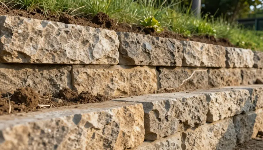 A detailed view of a well-constructed retaining wall, showcasing its layered stone blocks and soil behind it. In the foreground, focus on a few individual bricks with textured surfaces, highlighting cracks and weathering that signify age and wear. The middle ground features the full wall, slightly sloped, with sunlight casting gentle shadows across the stones, emphasizing their shapes. In the background, a lush green landscape contrasts with the sturdy wall, hinting at the crucial role it plays in preventing soil erosion. Use natural lighting to create a warm, inviting atmosphere, and frame the shot from a low angle to accentuate the height and stability of the structure. The mood is practical and informative, drawing attention to the importance of understanding retaining wall issues.