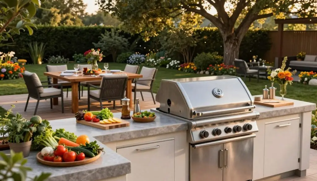 A modern outdoor kitchen setup, featuring a sleek stainless steel grill with an adjacent prep station equipped with cutting boards and utensils. The foreground includes fresh ingredients like vegetables and herbs, artfully arranged on the counter. In the middle ground, a spacious dining area with elegant outdoor furniture, such as a long wooden table and cushioned chairs, invites gathering. The background showcases a lush garden with vibrant flowers and mature trees, providing a serene and inviting ambiance. Soft, warm lighting casts a cozy glow over the scene during the late afternoon, enhancing the inviting atmosphere. The perspective is captured from a slight high angle to showcase the layout and design effectively, creating a sense of harmony and outdoor luxury. A modern outdoor kitchen setup, featuring a sleek stainless steel grill with an adjacent prep station equipped with cutting boards and utensils. The foreground includes fresh ingredients like vegetables and herbs, artfully arranged on the counter. In the middle ground, a spacious dining area with elegant outdoor furniture, such as a long wooden table and cushioned chairs, invites gathering. The background showcases a lush garden with vibrant flowers and mature trees, providing a serene and inviting ambiance. Soft, warm lighting casts a cozy glow over the scene during the late afternoon, enhancing the inviting atmosphere. The perspective is captured from a slight high angle to showcase the layout and design effectively, creating a sense of harmony and outdoor luxury.