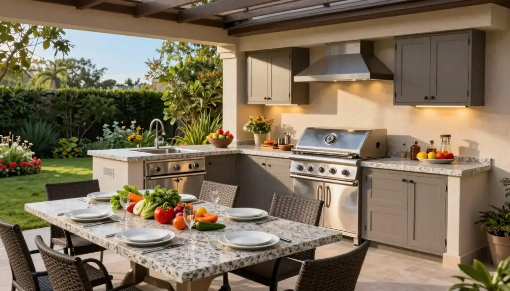 An elegant outdoor kitchen set in a backyard, featuring a sleek stainless steel grill, granite countertops, and a spacious dining area with stylish chairs. In the foreground, a beautifully arranged table with plates, utensils, and vibrant fresh vegetables showcases the outdoor cooking theme. The middle ground captures the kitchen setup, complete with built-in storage cabinets, a large island, and ambient lighting creating a warm, inviting atmosphere. In the background, lush greenery and colorful flowers enhance the natural setting, under a bright blue sky illuminated by soft sunlight. The scene exudes a cheerful and sophisticated vibe, ideal for entertaining guests. The angle offers a broad view, showcasing the seamless integration of the kitchen with the outdoor space. An elegant outdoor kitchen set in a backyard, featuring a sleek stainless steel grill, granite countertops, and a spacious dining area with stylish chairs. In the foreground, a beautifully arranged table with plates, utensils, and vibrant fresh vegetables showcases the outdoor cooking theme. The middle ground captures the kitchen setup, complete with built-in storage cabinets, a large island, and ambient lighting creating a warm, inviting atmosphere. In the background, lush greenery and colorful flowers enhance the natural setting, under a bright blue sky illuminated by soft sunlight. The scene exudes a cheerful and sophisticated vibe, ideal for entertaining guests. The angle offers a broad view, showcasing the seamless integration of the kitchen with the outdoor space.
