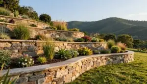 A beautifully designed curved retaining wall crafted from natural stone, harmoniously following the gentle slope of an East Tennessee landscape. In the foreground, the wall features smooth curves and intricate stonework, accented by lush greenery and colorful flowers. In the middle ground, a tiered garden showcases variable-height terraces, each invitingly planted with a variety of plants and ornamental grasses, enhancing the natural flow of the wall. The background reveals rolling hills bathed in warm, golden sunlight, casting soft shadows and creating a tranquil atmosphere. The image is captured from a low angle, providing depth and emphasizing the elegance of the wall, with a clear blue sky above. This scene embodies a serene and inviting outdoor space, perfect for relaxation and enjoyment. - Geo Retaining wall contractor