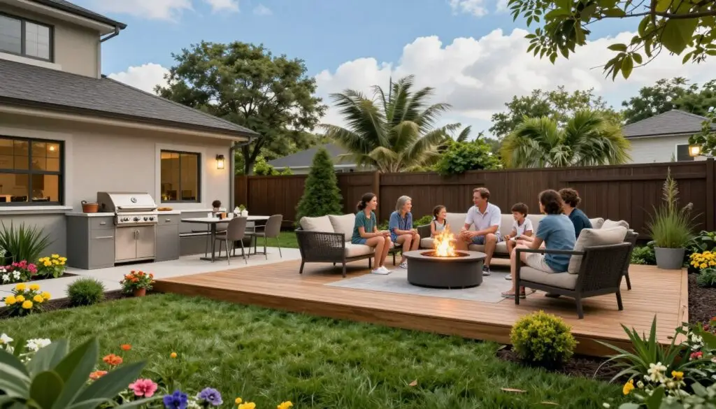 A beautifully designed outdoor living space in a suburban backyard, featuring a stylish wooden deck with modern patio furniture and a cozy fire pit at the center. In the foreground, there's a lush green lawn bordered by vibrant flowers and ornamental shrubs. To the left, a well-equipped outdoor kitchen with a sleek grill and seating area invites gatherings. In the middle ground, a family enjoys the space, dressed in modest casual clothing, smiling and laughing while cooking together. The background showcases tall trees gently swaying in the breeze, under a bright blue sky with fluffy white clouds. Soft, warm lighting creates a welcoming atmosphere, captured from a slightly elevated angle to highlight the layout and flow of the space, evoking a sense of relaxation and joy in outdoor living.