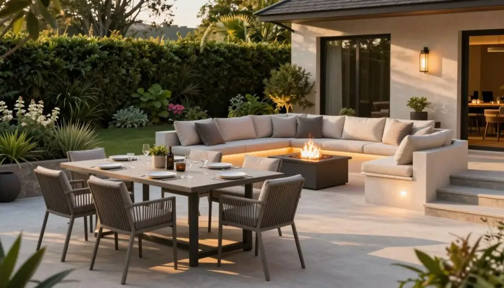 A beautifully designed outdoor living space, showcasing a modern patio with elegant furniture arranged for relaxation and interaction. In the foreground, a stylish dining table set for alfresco dining, surrounded by comfortable chairs. The middle ground features a cozy fire pit area with plush seating, illuminated by soft, ambient lighting, creating a welcoming atmosphere. To the background, lush greenery and flowering plants enhance the natural beauty, creating a serene backdrop. The scene is bathed in warm, golden hour sunlight, casting soft shadows that evoke a tranquil mood. The image captures a harmonious blend of nature and design, reflecting practical outdoor living principles.