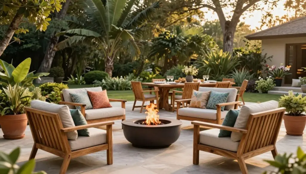 A beautifully designed outdoor seating area, featuring elegant wooden and cushioned lounge chairs arranged around a central fire pit. In the foreground, the seating is adorned with colorful throw pillows, inviting relaxation. The middle ground showcases a dining table made of reclaimed wood, surrounded by matching chairs set for an outdoor meal. Lush greenery, including potted plants and a backdrop of tall trees, fills the background, suggesting a serene and peaceful atmosphere. The golden light of the late afternoon sun bathes the scene, creating soft shadows and enhancing the inviting ambiance. The image captures the essence of outdoor living, blending comfort and nature seamlessly. Use a wide-angle lens to emphasize the spaciousness and tranquility of the design, with a shallow depth of field that keeps the focus on the seating arrangement.