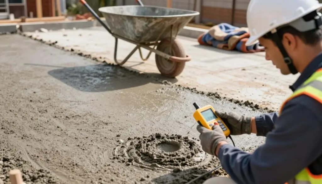 A close-up view of a concrete driveway under construction, showcasing various factors affecting curing. In the foreground, a professional wearing a hard hat and safety gear checks the concrete mixture with a moisture meter, symbolizing the importance of water content. The middle layer features freshly poured concrete, with a visible gradient indicating different curing times, set against a backdrop of natural sunlight creating shadows that highlight texture. In the background, a weathered wheelbarrow and some curing blankets illustrate environmental factors like temperature and humidity. The scene is bathed in warm, natural lighting, evoking a focus on precision and expertise. The overall atmosphere is one of professionalism and attention to detail.