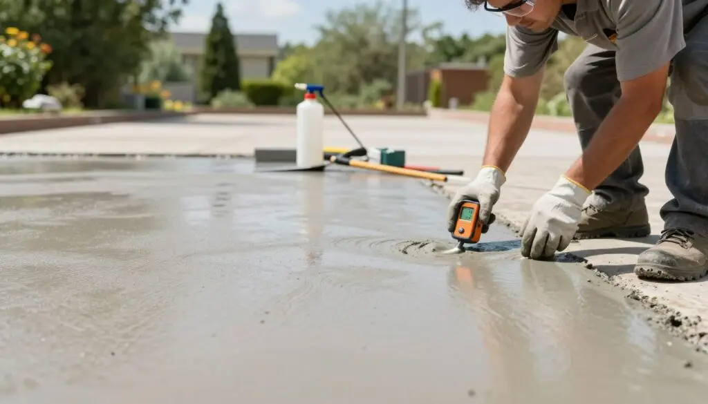 A detailed scene of the curing process of a concrete driveway. In the foreground, there is a freshly poured slab of concrete with a smooth texture, showing slight moisture on the surface. A pair of professionals in modest work attire, wearing gloves and safety glasses, can be seen examining the concrete with a moisture meter. In the middle ground, various tools and equipment, such as a trowel and spray nozzle for curing compound, are arranged neatly. The background features lush green landscaping and a bright blue sky, with soft sunlight illuminating the scene, creating a warm and optimistic atmosphere. The image should have a shallow depth of field, focusing on the professionals and the concrete, while gently blurring the background, enhancing the sense of a professional environment.