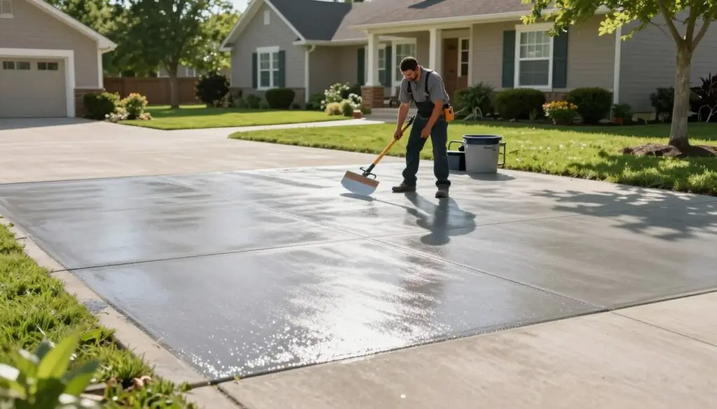 A freshly resurfaced concrete driveway extends across the foreground, showcasing a smooth, polished surface with a subtle sheen that glistens under bright, natural sunlight. In the middle ground, a professional contractor in smart, casual attire is skillfully applying a high-quality resurfacing compound with a trowel, demonstrating the process of transformation. The background features a well-manicured lawn and a charming suburban home, adding an inviting ambiance that enhances the curb appeal. Soft shadows fall across the driveway, creating depth, while vibrant greenery frames the scene. The image captures a moment of diligence, highlighting the durability and aesthetic improvement of the driveway in a serene, sunny setting.