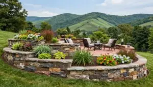 A picturesque East Tennessee landscape featuring an array of creative retaining wall designs in the foreground. Include aesthetic stone and timber retaining walls, harmoniously integrated with lush greenery and colorful perennial plants. In the middle ground, showcase a charming brick patio adorned with tasteful outdoor furniture and decorative elements, inviting relaxation and comfort. The background should display rolling hills under a clear blue sky, with soft, natural lighting to create a warm, inviting atmosphere. Use a wide-angle perspective to capture the beauty of the setting, emphasizing the layers of the landscape and the artistry of the structures. The mood should be serene and inspirational, highlighting innovative ideas for a functional yet visually appealing outdoor space. - Geo Retaining wall contractor