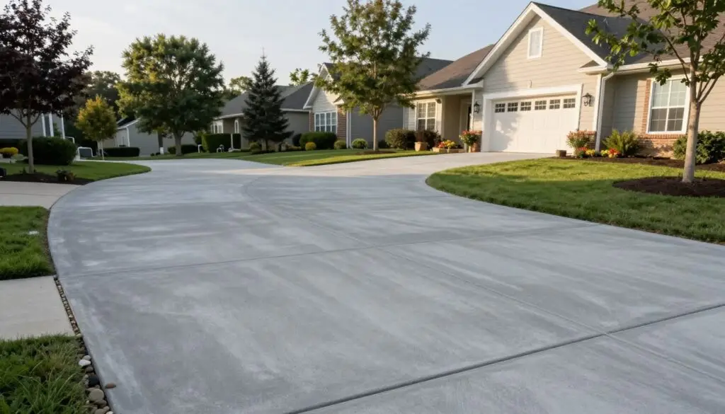 A well-maintained concrete driveway stretches elegantly across the frame, showcasing its smooth surface and subtle gray tones. In the foreground, a few pebbles scatter lightly along the edges, hinting at recent landscaping. The middle ground features the driveway leading up to a charming suburban home with well-kept lawns and flower beds flanking either side. In the background, tall trees provide a green contrast against the clear blue sky, illuminated by soft afternoon sunlight. The scene is captured from a slight elevation, emphasizing the width and neatness of the driveway. The overall mood is serene and inviting, conveying a sense of home and stability, perfect for illustrating curing timelines in a concrete driveway context.