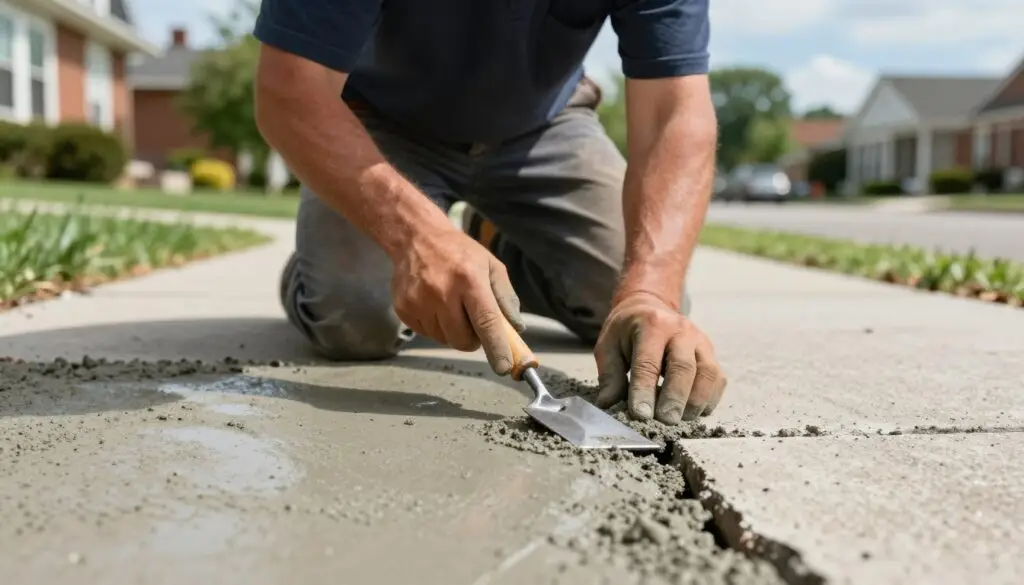 A close-up view of a skilled worker in professional attire performing concrete repair on a cracked sidewalk. In the foreground, the worker is kneeling, focused and detail-oriented, using specialized tools like a chisel and trowel to smooth out the surface. The repaired area showcases a polished, uniform texture blending with the surrounding concrete. In the middle ground, partially completed work reveals different stages of repair, highlighting the process of restoration. The background features a sunny Knoxville neighborhood, indicating a home-setting with lush greenery and a clear blue sky. Soft, natural lighting enhances the texture of the concrete, creating a professional and inviting atmosphere. The lens captures the image with a slight depth of field, emphasizing the hands-on work and craftsmanship involved in concrete restoration. - concrete driveway repair