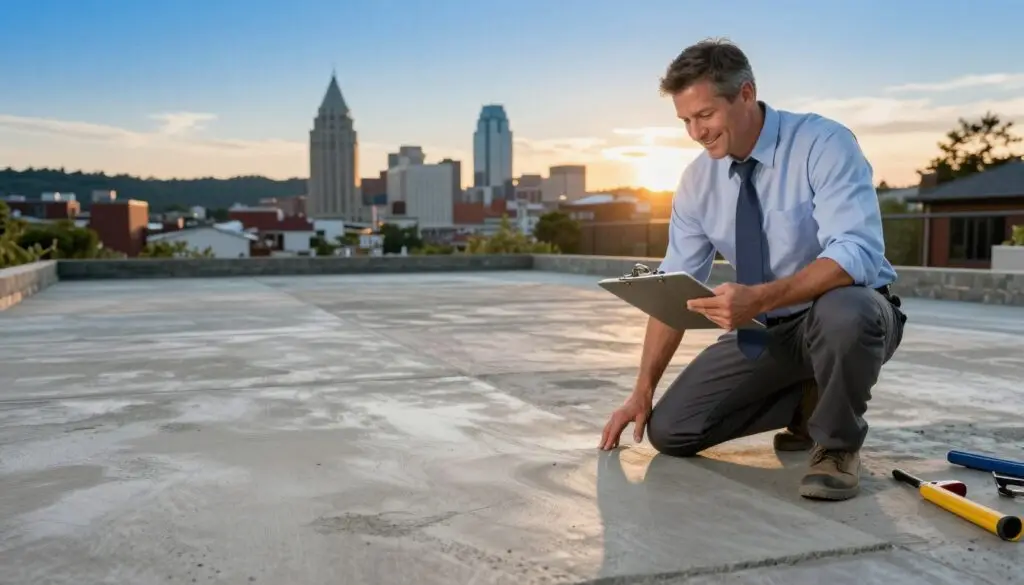 A confident contractor inspecting a beautifully restored concrete surface, showcasing quality craftsmanship and attention to detail. In the foreground, a professional in business attire is kneeling beside the concrete, examining it with a satisfied expression and a clipboard in hand. The middle ground features a recently renovated concrete patio with clean lines and a polished finish, while tools are neatly arranged beside the contractor. In the background, a warm Knoxville skyline at sunset casts a golden hue over the scene, accented by a clear blue sky. Soft lighting highlights the textures of the concrete and the contractor's thoughtful demeanor, creating an atmosphere of trust and expertise, symbolizing over 25 years of reliable service in concrete restoration. - how resurface concrete driveway