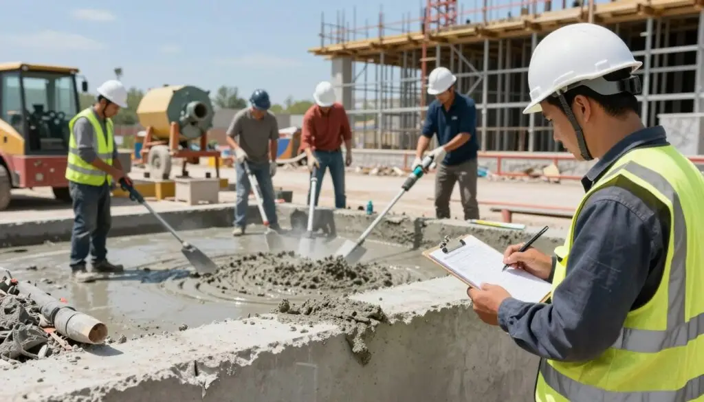 A detailed and illustrative depiction of the concrete restoration process within a bustling industrial setting. In the foreground, a skilled technician in a hard hat and safety vest carefully inspects a section of damaged concrete, clipboard in hand. The middle layer shows a crew actively performing restoration tasks, including applying a concrete mixture and using various tools like trowels and power washers. The background features a construction site with machinery such as mixers and scaffolding, under a bright, clear blue sky. The scene is well-lit, highlighting the textures of concrete and tools, conveying a professional and focused atmosphere, with an overall sense of teamwork and efficiency in the restoration process.