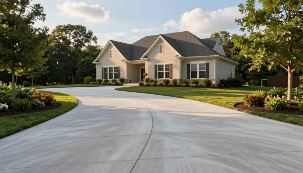 A picturesque residential driveway in Knoxville, TN, crafted with smooth, polished concrete, set against a backdrop of a charming suburban home with a well-maintained garden. In the foreground, the driveway has clean lines, featuring a gentle curve with subtle decorative patterns, reflecting expert craftsmanship. The middle ground includes a modern, elegant house with neutral-colored exterior and inviting landscaping, surrounded by lush green trees and colorful flower beds. The background highlights a clear blue sky with soft, white clouds, providing a serene atmosphere. The scene is illuminated by warm, late afternoon sunlight, creating soft shadows that enhance the textures of the concrete. The angle is slightly elevated, capturing the full length of the driveway while emphasizing the home's inviting facade. The overall mood is calm and welcoming, showcasing the beauty of residential concrete services.