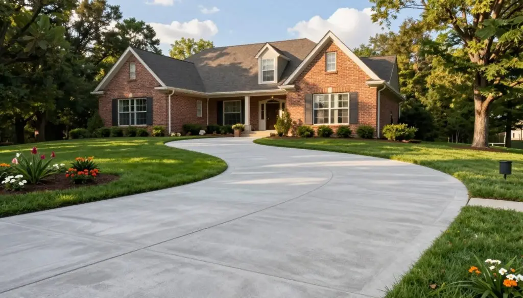A picturesque residential driveway in Knoxville, TN, showcasing expertly finished concrete designed to withstand Tennessee weather. In the foreground, a smooth, well-defined concrete driveway curves gracefully, bordered by lush green grass and seasonal flowers. In the middle ground, a neatly landscaped walkway leads to a charming brick house, its warm, inviting facade accented by sunlight breaking through the trees. The background features a clear blue sky with soft clouds, evoking a serene atmosphere. The angle captures the approach to the home, emphasizing the durability and aesthetics of the concrete work. Bright, natural lighting enhances details of the textures in the concrete, creating depth and warmth in the scene, embodying both professionalism and comfort.