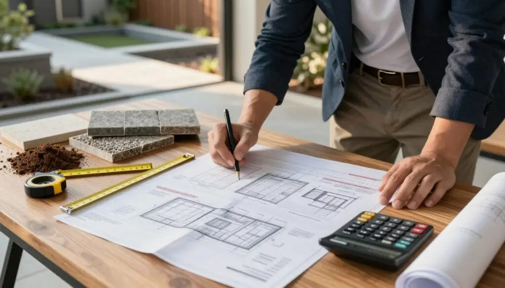 A professional estimating scene focused on hardscaping costs, featuring a detailed workspace. In the foreground, a wooden table cluttered with blueprints, measuring tools, and a calculator, showcasing intricate landscape designs and hardscape materials like stone pavers and bricks. In the middle ground, a business professional in smart casual attire analyzes the estimates, surrounded by samples of various materials, such as gravel and soil, while jotting down notes. The background reveals a landscaped outdoor area with finished hardscape elements, including patios and walkways, bathed in warm afternoon sunlight for an inviting atmosphere. The shot is taken from a slightly elevated angle to provide a comprehensive view of the workspace, emphasizing the precision and care involved in hardscaping estimates. A professional estimating scene focused on hardscaping costs, featuring a detailed workspace. In the foreground, a wooden table cluttered with blueprints, measuring tools, and a calculator, showcasing intricate landscape designs and hardscape materials like stone pavers and bricks. In the middle ground, a business professional in smart casual attire analyzes the estimates, surrounded by samples of various materials, such as gravel and soil, while jotting down notes. The background reveals a landscaped outdoor area with finished hardscape elements, including patios and walkways, bathed in warm afternoon sunlight for an inviting atmosphere. The shot is taken from a slightly elevated angle to provide a comprehensive view of the workspace, emphasizing the precision and care involved in hardscaping estimates.