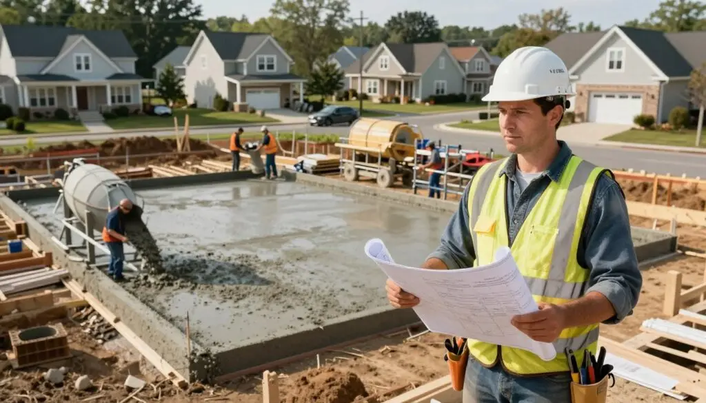 A skilled construction professional, dressed in a hard hat and safety gear, stands confidently in the foreground, holding blueprints and tools, showcasing expertise in residential concrete services. In the middle background, a well-organized construction site reveals workers pouring concrete for a robust foundation, framed by neatly arranged equipment and materials like concrete mixers and scaffolding. The background features a picturesque Knoxville neighborhood, with charming homes reflecting local architecture. Soft, natural sunlight casts a warm glow over the scene, enhancing the sense of professionalism and quality work. The angle is slightly elevated, capturing both the depth of activity on-site and the inviting residential area beyond, conveying a mood of reliability and trust in local expertise, with a focus on anchored construction practices.