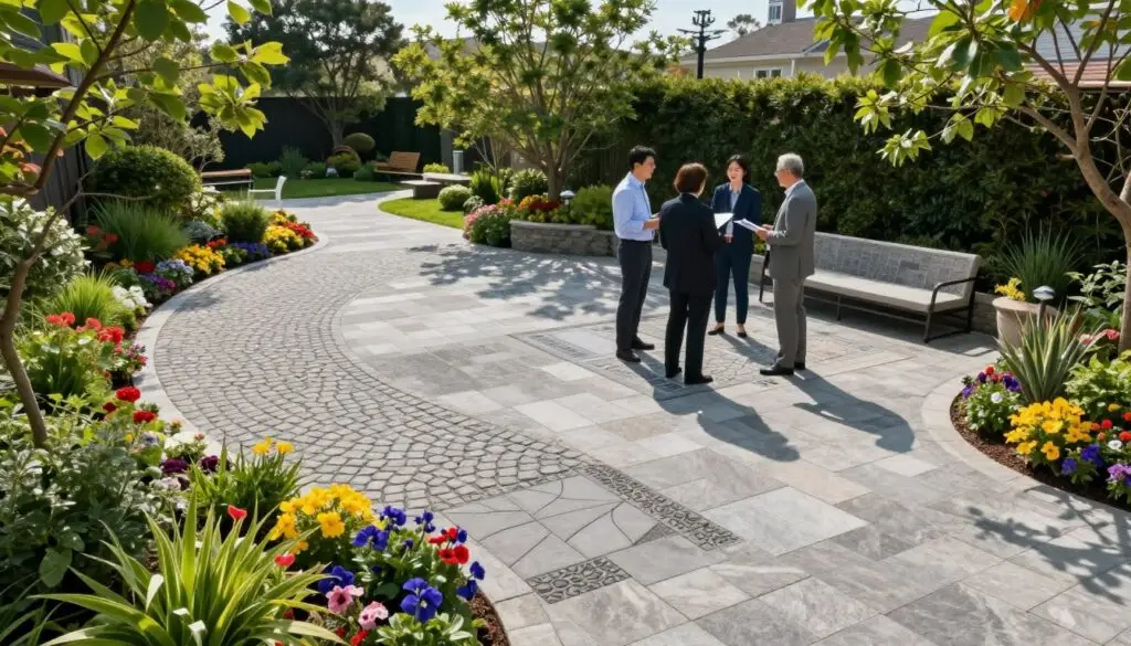 Aerial view of a beautifully landscaped patio and walkway, showcasing a variety of stone materials laid out per square foot for pricing comparison. In the foreground, vibrant flowers and lush greenery line the edges of the walkways, which feature intricate patterns of cobblestones and pavers. The middle ground reveals people in professional attire discussing the layout and pricing, with one person holding a clipboard. The background features a serene garden with trees and soft sunlight filtering through the leaves, casting gentle shadows across the stone surfaces. The mood is informative and engaging, with clear blue skies providing a bright atmosphere, emphasizing the beauty and craftsmanship of hardscape elements. Aerial view of a beautifully landscaped patio and walkway, showcasing a variety of stone materials laid out per square foot for pricing comparison. In the foreground, vibrant flowers and lush greenery line the edges of the walkways, which feature intricate patterns of cobblestones and pavers. The middle ground reveals people in professional attire discussing the layout and pricing, with one person holding a clipboard. The background features a serene garden with trees and soft sunlight filtering through the leaves, casting gentle shadows across the stone surfaces. The mood is informative and engaging, with clear blue skies providing a bright atmosphere, emphasizing the beauty and craftsmanship of hardscape elements.