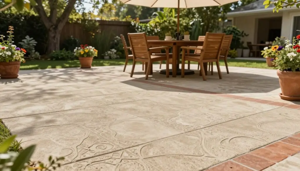 A beautifully designed outdoor patio featuring expertly stamped concrete in a warm beige and terracotta color scheme. The foreground showcases the textured surface of the stamped concrete, with intricate patterns resembling natural stone. In the middle ground, elegant outdoor furniture like a sleek wooden dining table with matching chairs is arranged under a stylish shade umbrella. Potted plants with vibrant flowers add a touch of color. The background features a lush green garden with soft, dappled sunlight filtering through the leaves, creating a serene atmosphere. The image is captured from a slightly elevated angle, with bright and inviting lighting that enhances the details of the concrete work. The overall mood is inviting and tranquil, perfect for outdoor gatherings.