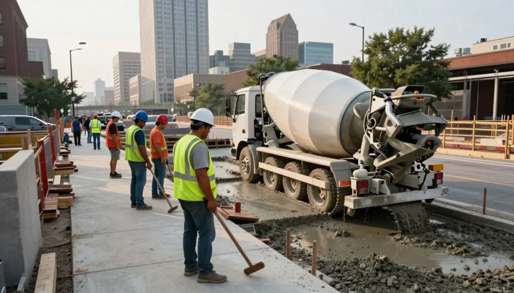A bustling urban scene depicting an active concrete sidewalk construction process in Knoxville. In the foreground, a diverse crew of construction workers, dressed in bright safety vests and hard hats, meticulously handle tools and equipment, showcasing teamwork and expertise. In the middle ground, freshly mixed concrete is being poured into forms, with sturdy machinery like a concrete mixer truck and a vibratory screed visibly in action. The background features a cityscape of Knoxville, with recognizable architectural elements and greenery enhancing the urban feel. Soft morning light casts a warm glow across the scene, creating an atmosphere of productivity and professionalism, while the camera angle is slightly elevated, offering a comprehensive view of the entire construction process.