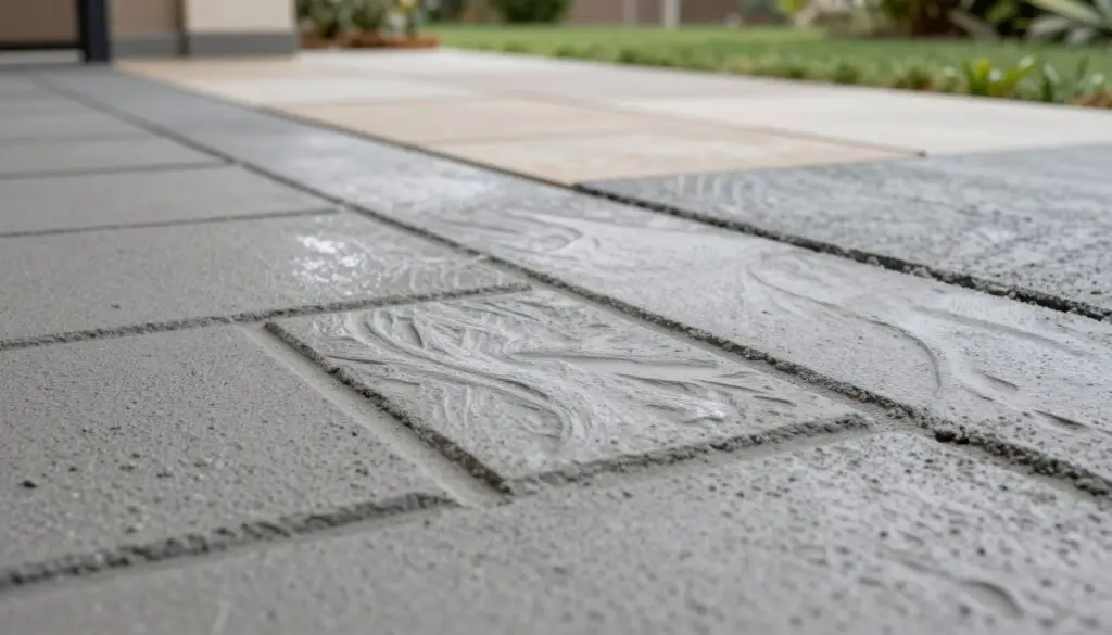 A close-up image of a freshly poured section of stamped concrete, showcasing intricate patterns resembling natural stone. In the foreground, detailed textures and shadows highlight the stamped grooves and edges, conveying the craftsmanship. The middle ground features sections of the concrete in varying shades of gray and earthy tones, under soft, natural lighting that enhances the surface details. In the background, a partially completed outdoor setting with green grass and landscaping elements creates a harmonious atmosphere. The camera angle is low, focusing on the concrete's surface while capturing the subtle reflections of light. The overall mood is calm and professional, ideal for showcasing the quality and appeal of stamped concrete installations in a modern environment. - stamped concrete driveway