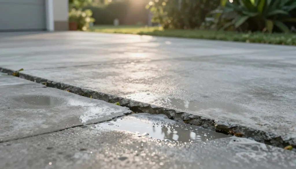 A close-up view of a concrete driveway exhibiting various textures and moisture conditions, illustrating the effects of climate on concrete longevity. In the foreground, showcase a cracked section of the driveway with visible pooling of water in the crevices, indicating a high moisture environment. The middle layer should depict a well-maintained section with slight sheen reflecting the sun, demonstrating an ideal state of concrete. In the background, include green foliage and trees gently blurred by a bokeh effect, emphasizing the natural surroundings. Utilize natural light with a soft, warm glow to evoke a serene atmosphere. Capture the scene from a slightly elevated angle to provide a comprehensive overview, focusing on key elements that contribute to the lifespan of concrete driveways while ensuring a professional feel throughout.