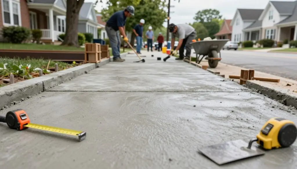 A close-up view of a freshly poured concrete sidewalk in Knoxville, emphasizing the smooth texture and subtle sheen of the surface. In the foreground, include a measuring tape and construction tools like a trowel and float to signify ongoing construction work. The middle ground features a team of skilled workers in professional attire, carefully finishing the edges of the sidewalk, surrounded by concrete forms and wheelbarrows, showcasing their expertise. In the background, a typical Knoxville neighborhood with charming homes and green trees creates a localized atmosphere. Soft, natural lighting highlights the details in the concrete and captures the teamwork, with a slight depth of field to focus on the sidewalk. The mood is industrious yet professional, reflecting the trust property owners have in quality sidewalk construction.