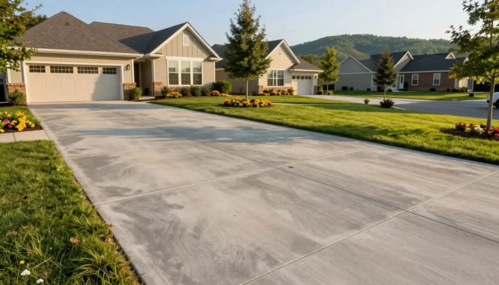 A detailed concrete driveway stretching through a residential neighborhood in Knoxville, showcasing its textured surface and subtle color variations. In the foreground, the driveway is bordered by well-maintained green lawns and vibrant flower beds, enhancing its aesthetic appeal. In the middle ground, a modern home can be seen with large windows reflecting soft sunlight. The background consists of gentle rolling hills under a clear blue sky, indicating a serene suburban atmosphere. The lighting is warm and inviting, reminiscent of late afternoon sun. The camera angle is slightly elevated, giving a comprehensive view of the driveway's length and surroundings. The overall mood conveys durability and beauty, suitable for illustrating the longevity of concrete driveways.